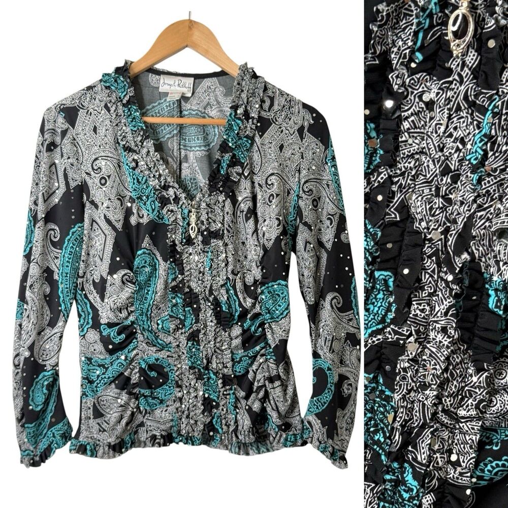 Joseph Ribkoff Paisley Sequin Ruched Ruffle Zip Top Sz 10 Whimsigoth Evening Art